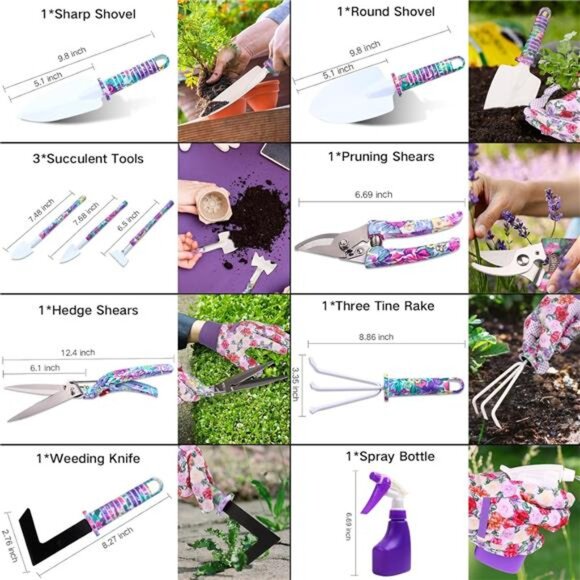 Garden Tools Set, 10 Pieces Gardening Tools with Floral Print, Ergonomic Handle - Picture 3 of 8